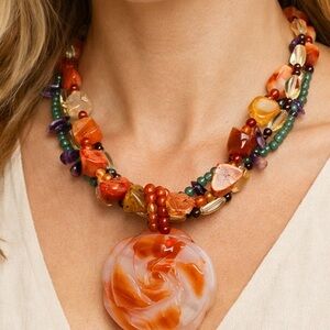 Triple Strand Gemstone Necklace Carved Carnelian Agate Boho Statement 19”